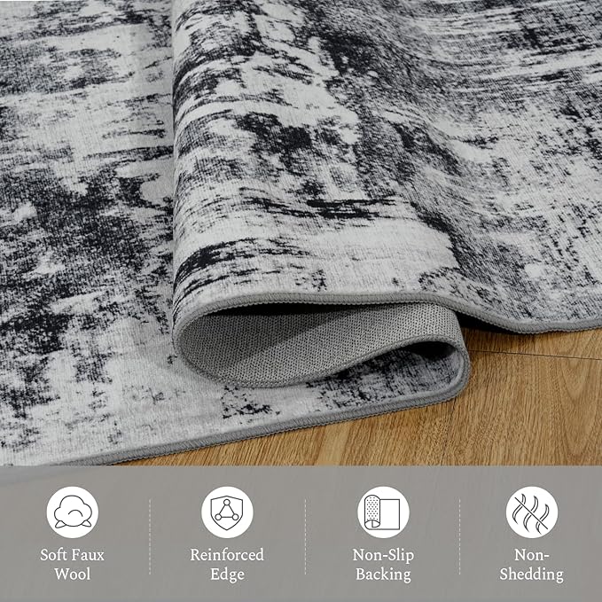 Rugflix 6x9 Area Rugs for Living Room, Washable Large Rug Stain-Resistant Low Pile, Modern Dark Carpet for Dining Room Home Office Kid Room Nursery Bedroom, Black Grey
