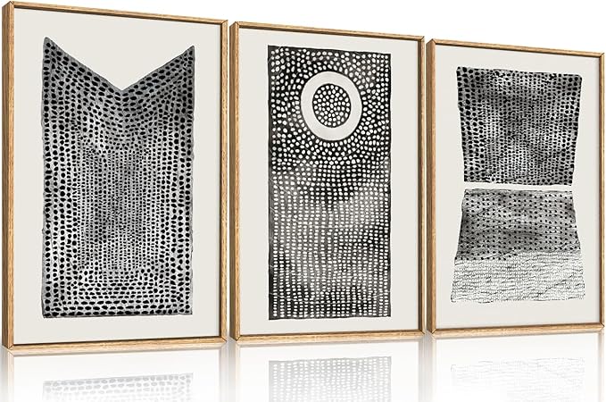 Abstract Dot Pattern Framed Canvas Wall Art Set,Minimalist Black and White Wall Decor,Neutral Geometric Print,Modern Circle Boho Mid Century Artwork for Living Room,Bedroom-16 x24 x3