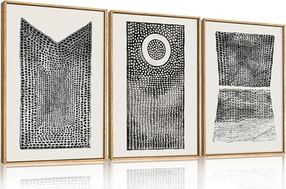 Abstract Dot Pattern Framed Canvas Wall Art Set,Minimalist Black and White Wall Decor,Neutral Geometric Print,Modern Circle Boho Mid Century Artwork for Living Room,Bedroom-16 x24 x3