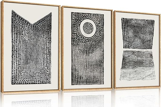 Abstract Dot Pattern Framed Canvas Wall Art Set,Minimalist Black and White Wall Decor,Neutral Geometric Print,Modern Circle Boho Mid Century Artwork for Living Room,Bedroom-16 x24 x3