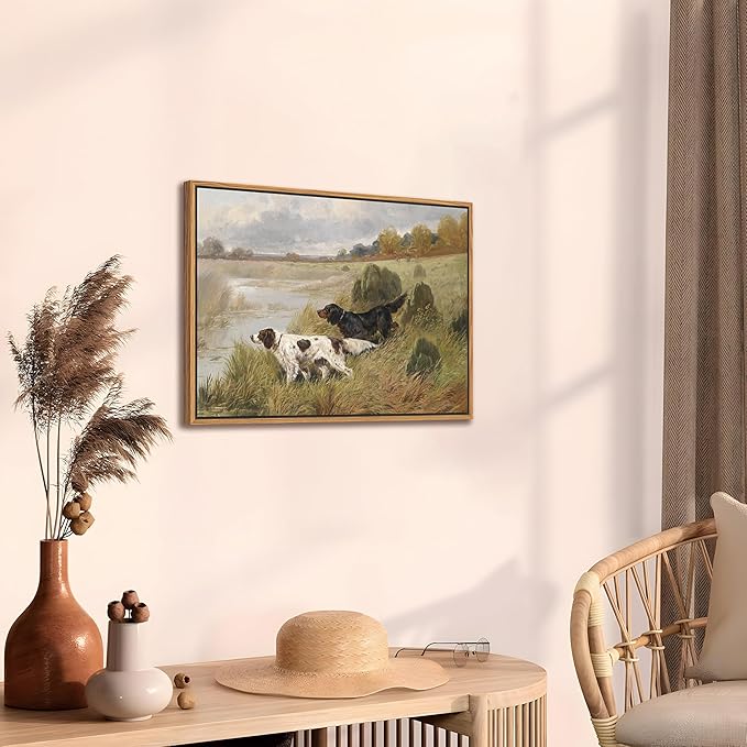Floating Framed Vintage Hunting Dog Wall Art, Classic Countryside Landscape Canvas Print, English Setter and Gordon Setter Painting, Rustic Farmhouse Wall Decor for Living Room Study Office 16x24 inch
