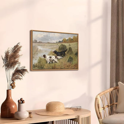 Floating Framed Vintage Hunting Dog Wall Art, Classic Countryside Landscape Canvas Print, English Setter and Gordon Setter Painting, Rustic Farmhouse Wall Decor for Living Room Study Office 16x24 inch