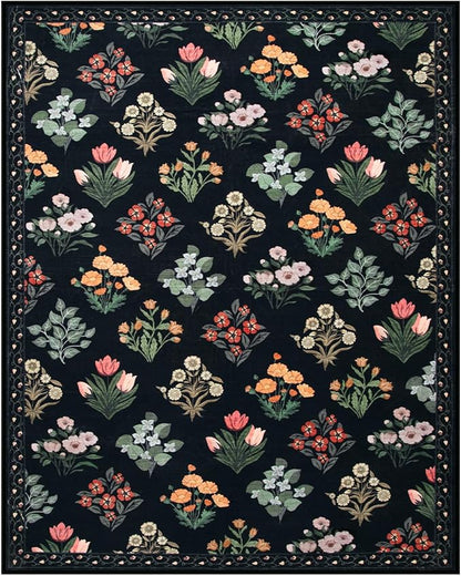 Wonnitar Floral Print 8x10 Washable Rug, Non Slip Black Dining Room Rug, Moroccan Large Stain Resistant Low Pile Indoor Carpet for Bedroom Playroom Home Decor, Black/Multi
