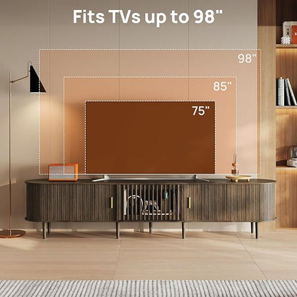 94.5" Fluted Mid Century Modern TV Stand for TVs Up to 80/85/86/90/98/100", Tambour Sliding Doors Entertainment Center with Storage&LED, Curved Media&TV Console Long TV Stands for Living Room, Walnut