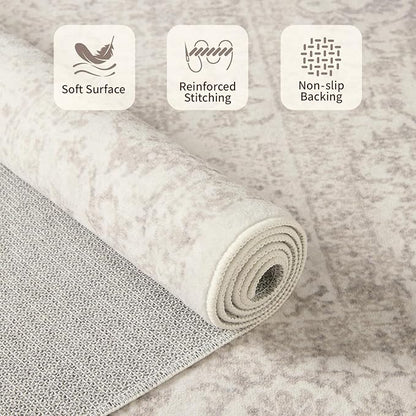 Rugxara 9x12 Extra Large Washable Area Rug, Soft Neutral Vintage Boho Rug for Living Room, Bedroom, Office, Farmhouse, Low Pile Imitation Wool Non Slip Carpet Ideal for High-Traffic Areas, Light Brown