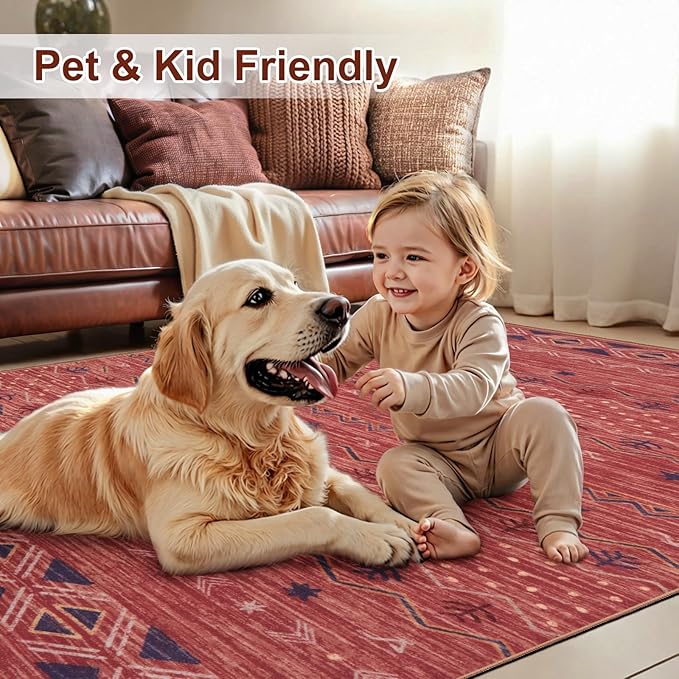 SERISSA 2x3 Rugs for Entryway, Washable Non-Slip Red Ochre Small Area Rug, Soft Low-Pile Boho Geometric Indoor Entry Rug Door Mat Indoor Entrance Front Door Carpet for Bathroom Kitchen Bedroom