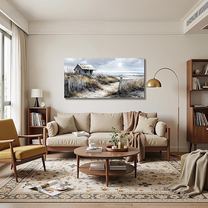 imjiayu Landscape Wall Art, Large Wall Art, Rustic Wall Decor, Coastal Cottage Canva Pictures Prints, Nostalgic Beach Paintings Wall Decor Living Room Bedroom Dining Room Modern Farmhouse 24"x48"