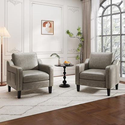 MALOL PU Leather Accent Chair Set of 2, Mid-Century Modern Living Room Armchair Sofa with Removable Cushions, Solid Wood Frame & Stitched Armrest Design, Bedroom Chair with Plastic Legs, Grey