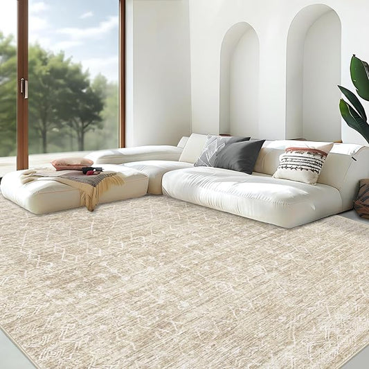 Area Rug for Living Room 9x12: Large Washable Boho Moroccan Rugs Geometric Neutral Rug, Non-Slip Foldable Morden Farmhouse Indoor Floor Carpet for Bedroom Dining Table Home (Moroccan Beige, 9'x12')