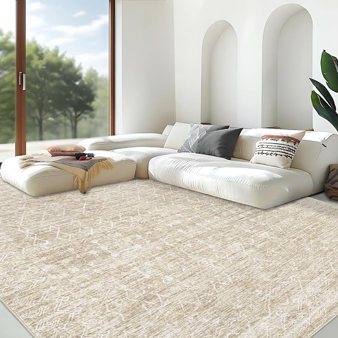 Area Rug Living Room Rugs 8x10 - Large Soft Boho Geometric Rug, Non-Slip Foldable Washable Rugs Non Shedding Morden Indoor Floor Carpet for Living Bedroom Office Dining Room (Moroccan Beige, 8'x10')
