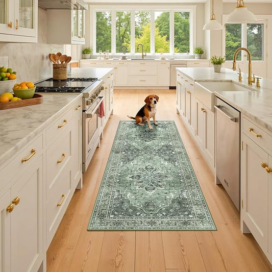 RELEANY Area Rugs 2'x6' Runner Rug Non Slip Washable for Kitchen Hallway Bedroom Beside Laundry Room Bathroom Rug, Floor Carpet, Dark Green Gray