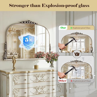 26x38 inch Vintage Arched Gold Ornate Baroque Mirror - Wall Vanity Mirror with Beautiful Retro Top and Bottom Engraving Process Frame for Bathroom, Living Room, Fireplace, Entryway, HD Tempered Glass