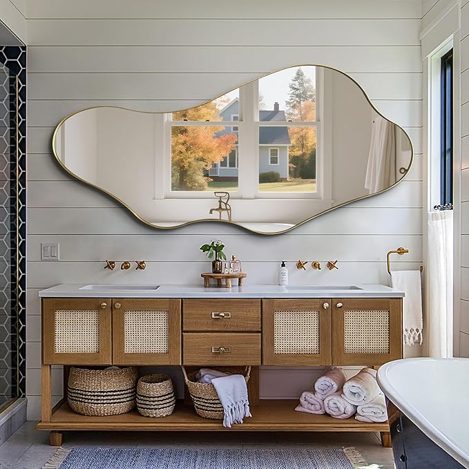 Large Irregular Mirror, 63"x30" Asymmetrical Aesthetic Wall Mirror with Gold Metal Frame, Organic Shaped Mirrors for Living Room Bedroom Hallway Entryway, Horizontal or Vertical Hanging
