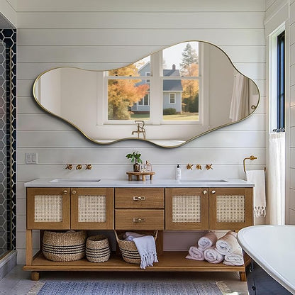 Large Irregular Mirror, 63"x30" Asymmetrical Aesthetic Wall Mirror with Gold Metal Frame, Organic Shaped Mirrors for Living Room Bedroom Hallway Entryway, Horizontal or Vertical Hanging