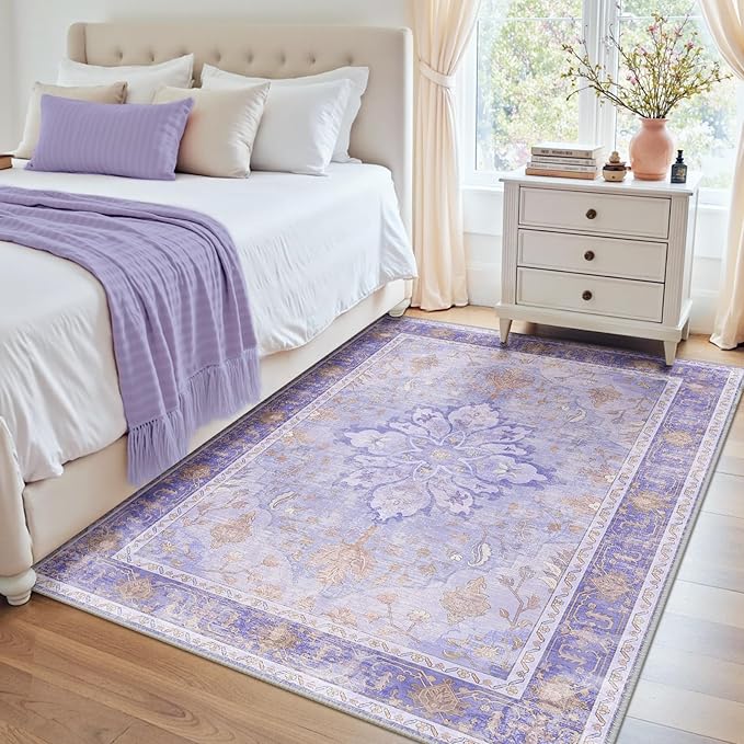 RELEANY Area Rugs 4'x6' Washable Non-Slip, Floral Vintage Distress Print Pattern Medallion Carpet for Living Room Bedroom Dining Room, Light Purple Brown