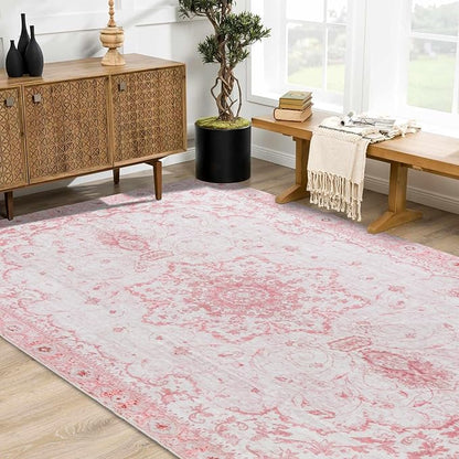 Sofrug Area Rug 6x9 - Vintage Floral Honeycomb Non Slip Backing Carpet - Pink Softer Thicker Faux Wool Rug - Foldable & Machine Washable Rugs for Living Room Bedroom Dining Room Home Office