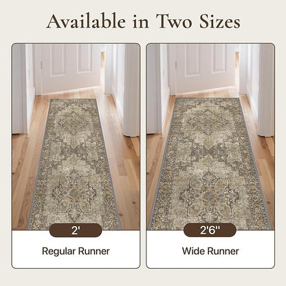 GENIMO 2'6''x6 Runner Rugs for Hallway, Machine Washable Non Slip Vintage Rugs, Low Pile Lightweight Soft Print Rug for enrtyway, Corridor, Home Office, Kitchen, Rustic Brown