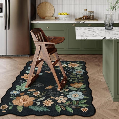 Lahome Floral Machine Washable Rug, 3x5 Rug Non Slip Soft Bedroom Rugs for Entryway Dorm, Ultra-Thin Boho Rugs for Living Room Stain Resistan Flore Carpet for Nursery Entrance, Black/Grey