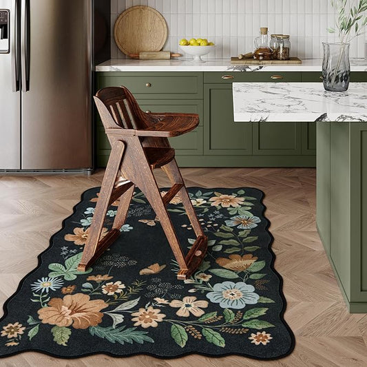 Lahome Floral Machine Washable Rug, 3x5 Rug Non Slip Soft Bedroom Rugs for Entryway Dorm, Ultra-Thin Boho Rugs for Living Room Stain Resistan Flore Carpet for Nursery Entrance, Black/Grey