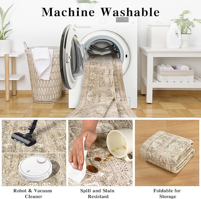 5x7 Beige Washable Area Rugs for Living Room Non Slip Low Pile Vintage Boho Throw Rug Khaki Soft Retro Distressed Floral Carpet Indoor for Bedroom Dining Room Office Kitchen Playroom