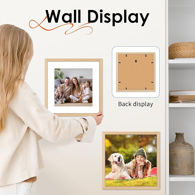 FIXSMITH 12x12 Picture Frame Natural Set of 2, Photo Frame with HD Plexiglass, Display Pictures 8x8 with Mat or 11x17 Without Mat, Gold Picture Frames Collage Wall Decor, Gallary Wall Frame