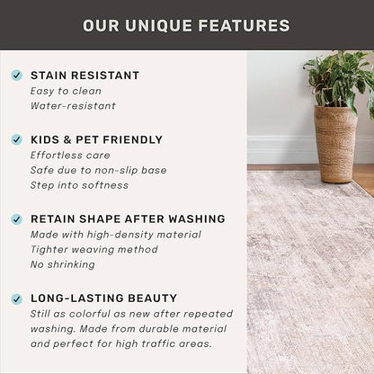 Hazo Haus Modern Washable Bedroom Area Rug 5x8, Abstract Rugs for Living Room, Dining Room, Kids Room Girls, Pink and Grey Distressed Medallion Pattern, Non Slip Low Pile Stain Resistent