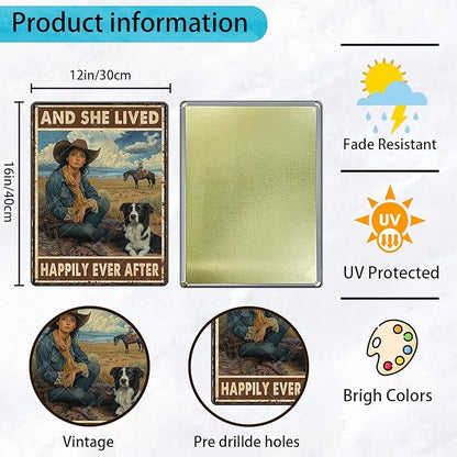Cowgirl Metal Tin Signs and She Lived Happily Ever After Decorative Poster Wall Art Decoration for Home Bar Club Coffee shop 16x12 Inch