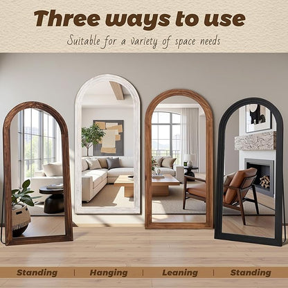 Antok Full Length Mirror with Solid Wood Frame, 71"×32" Wall Mounted Oversized Floor Mirror with Stand, Leaning Standing Hanging for Bedroom Living Room Entryway, Browm, Arched Syle