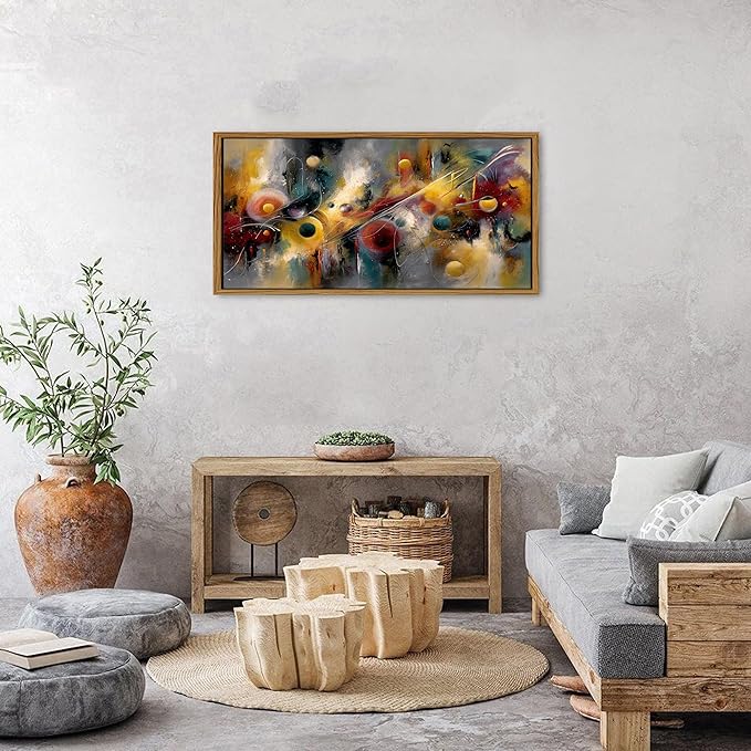 Abstract Music Canvas Wall Art Framed Colorful Rainbow Circle Picture for Living Room Modern Neutral Prints Minimalist Geometric Painting Contemporary Artwork for Office Bedroom Home Decoration 20x40