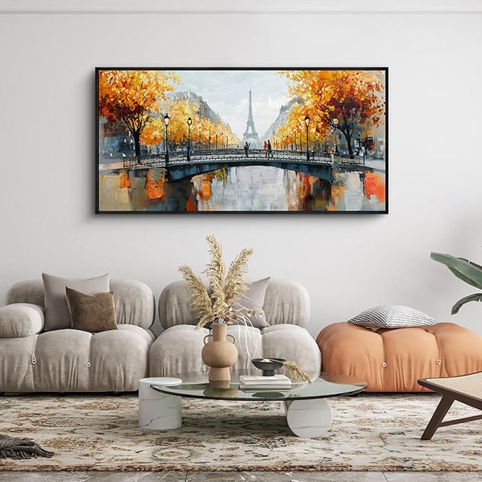 KLAKLA Black and White Canvas Wall Art for Living Room Bedroom Bathroom Orange Paris Theme Room Decor Oil Painting Print Tower Eiffel Painting for Wall Decor 20x40 Inches
