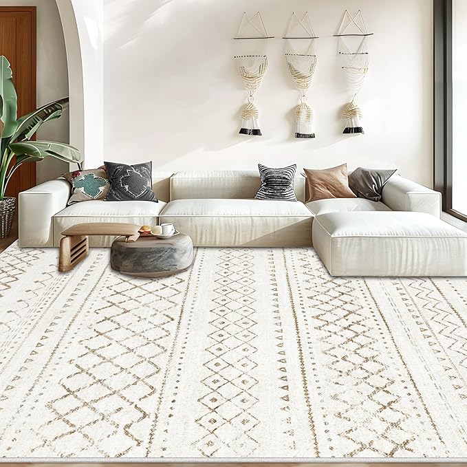 Area Rug for Living Room 9x12: Large Washable Boho Moroccan Rugs Geometric Neutral Rug, Non-Slip Foldable Morden Farmhouse Indoor Floor Carpet for Bedroom Dining Table Home（Brown,9X12）