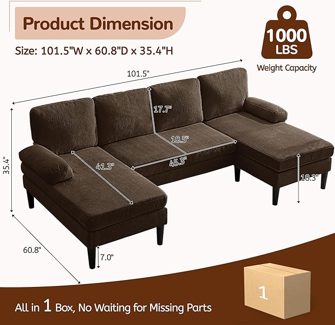 Korser 101" U-Shaped Sectional Couches for Living Room, Chenille Upholstery 4-Seat Sofa with Double Chaises, Modern Couch with Wood Legs for Apartment & Small Space, Brown