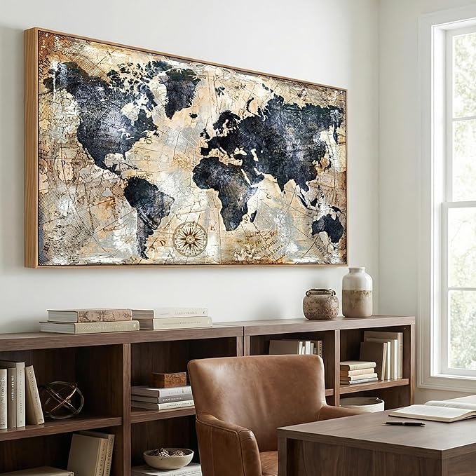 Framed Wall Art for living Room World Map Wall Art Print - Map Picture for Office Bedroom Wall Decor Travel Memory Nautical Map Decor Canvas Artwork 30 x 58 inch Ready to Hang