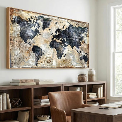 Framed Wall Art for living Room World Map Wall Art Print - Map Picture for Office Bedroom Wall Decor Travel Memory Nautical Map Decor Canvas Artwork 30 x 58 inch Ready to Hang