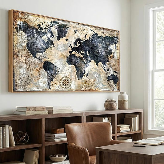 Framed Wall Art for living Room World Map Wall Art Print - Map Picture for Office Bedroom Wall Decor Travel Memory Nautical Map Decor Canvas Artwork 30 x 58 inch Ready to Hang