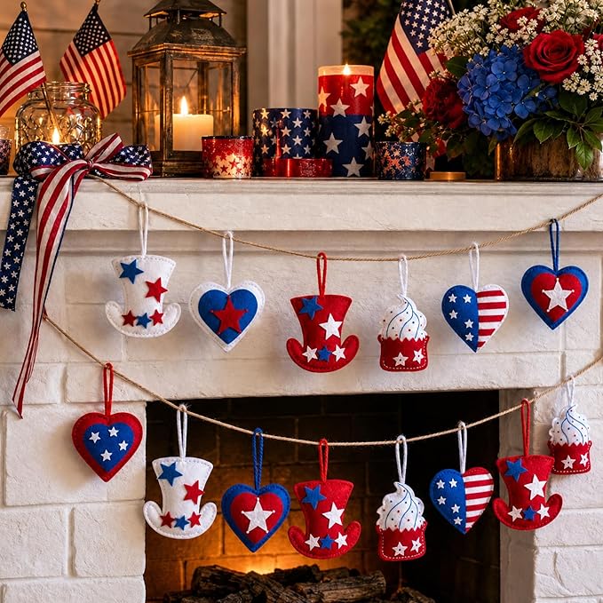 Soulchen 12 Pcs Red Blue White Ornaments Patriotic Fabric Hanging Ornaments 4th of July Stuffed Heart Star Hat Ice Cream Decor for 250th Anniversary Memorial Independence Day Farmhouse Party