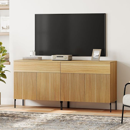 WAMPAT Fluted TV Stand TVs up to 70 inch, 63" W Modern TV Entertainment Center with Storage Cabinets and 2 Drawers & 4 Doors, Wood Media TV Console Table with Storage for Living Room, Oak