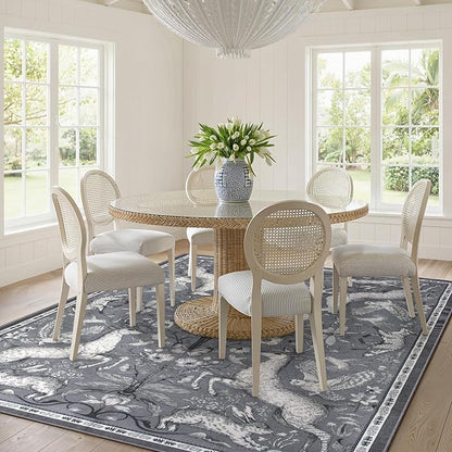 Lahome 6x9 Washable Deer Rug, Dorval Boho Woodland Vintage Area Rug, Non Slip Low Pile Soft Grey Carpet for Living Room Dining Room Bedroom Kitchen Nursery Home Decor