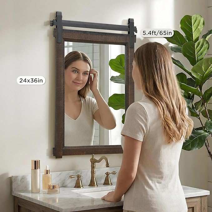 Besdomus Bathroom Rustic Wall Mirror: 24"x36" Brown Barn Door Farmhouse Solid Cedar Wood Frame - Wall Vanity Mirror for Bathroom/Entryway/Bedroom - Home Decor for Modern Farmhouse Enthusiasts