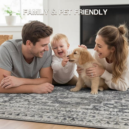 YOH Boho Washable Rug 5x7, Taupe Gray Vintage Non Slip Area Rug, Distressed Indoor Carpet for Living Room Bedroom Kitchen Office