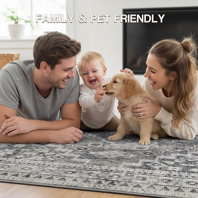 YOH Boho Washable Rug 6x9, Taupe Gray Vintage Non Slip Area Rug, Distressed Indoor Carpet for Living Room Bedroom Kitchen Office