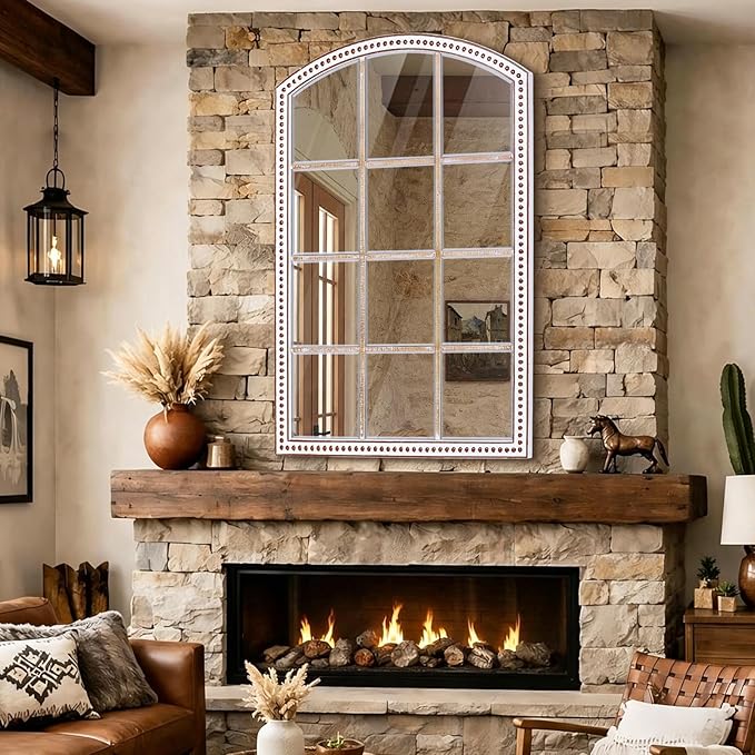HOITUZYUS 42x28 Inch Farmhouse Arched Windowpane Wall Mirror, Rustic Decorative Mirrors for Living Room, Bedroom, Entryway, Hallway, Bathroom