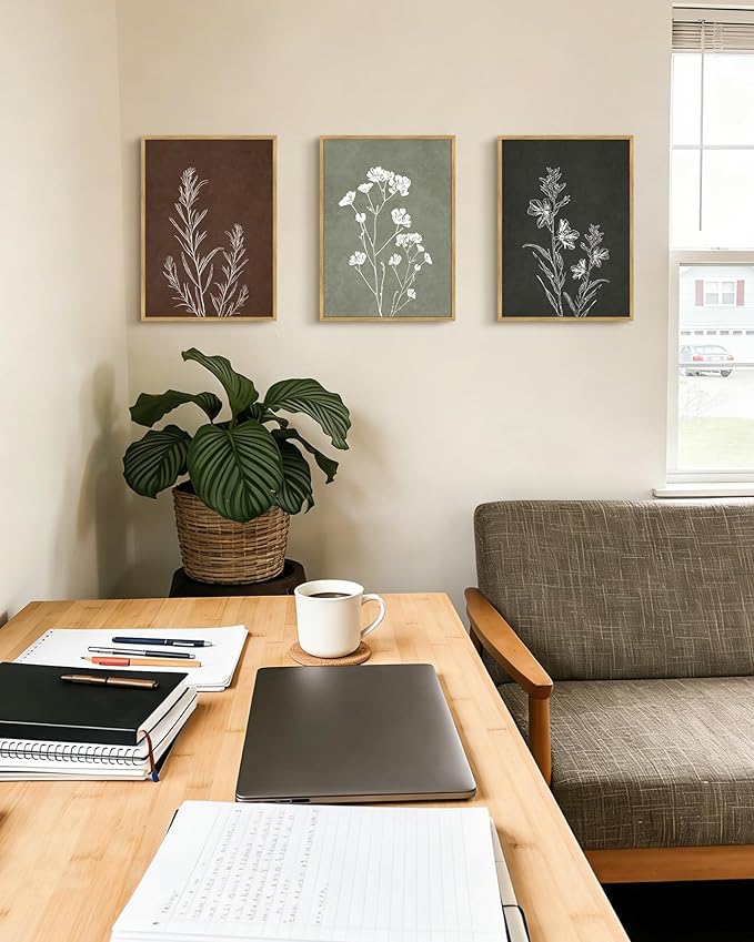 Drsoum Vintage Botanical Flower Boho Framed Wall Art Retro Floral Prints Wildflower Bohemain Neutral Rustic Artwork Kitchen Bedroom Ready to Hang 11x14in Natural Framed