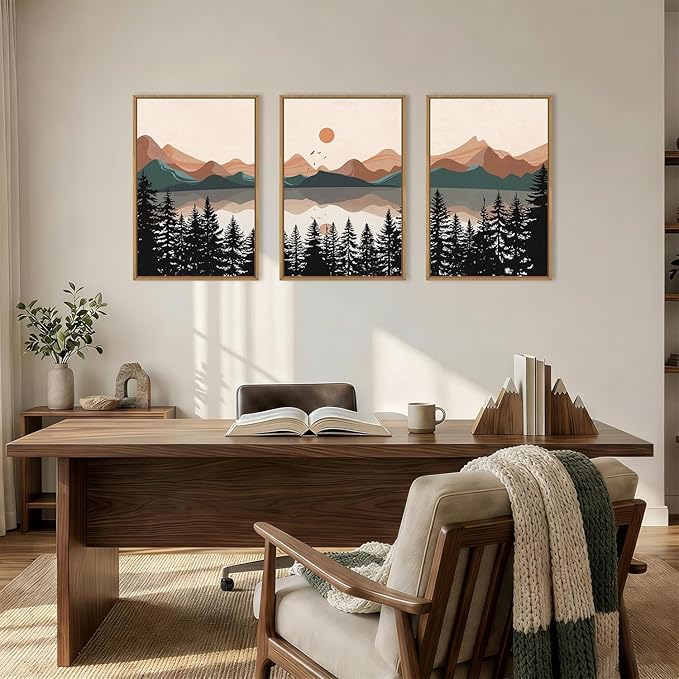 KAIRNE Vintage Mountain Lake Framed Canvas Wall Art Set, Mid Century Forest Wall Decor, Nature Pine Tree Art Prints, Modern Boho Sunset Artwork for Living Room,Bedroom,Farmhouse,Office-16 x24 x3