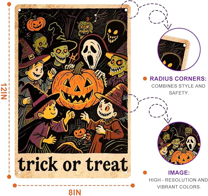 Halloween Metal Sign | Pumpkin, Witch & Kid Design | Man Cave Decor Spooky Festival Decor for Home Wall, Party Backdrop & Yard | Ideal for Halloween Enthusiasts & Family Gatherings 8x12in