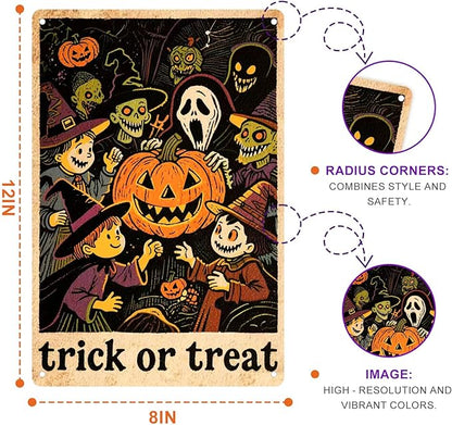 Halloween Metal Sign | Pumpkin, Witch & Kid Design | Man Cave Decor Spooky Festival Decor for Home Wall, Party Backdrop & Yard | Ideal for Halloween Enthusiasts & Family Gatherings 8x12in