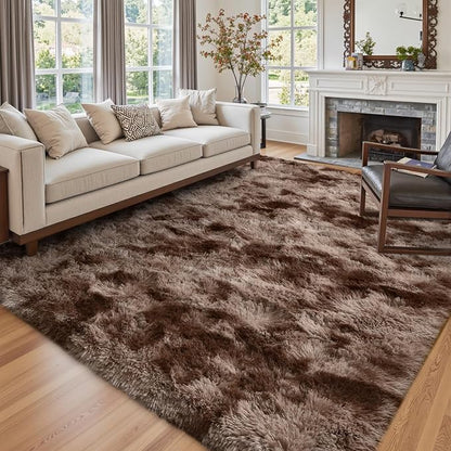 4x6 Ft Shag Brown Area Rug for Bedroom Living Room, Tie-Dyed Ultra Soft Fluffy Furry Rugs for Indoor Floor, Aesthetic Carpet for Kids Home Decor (Coffee)