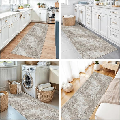 2x8 Washable Non-Slip Hallway Runner Rug – Modern Abstract Soft Carpet for Kitchen, Bedroom with Rubber Backing – Low-Pile Thin Stain-Resistant Rug for Bathroom,Laundry Room,Entryway（Beige Grey）