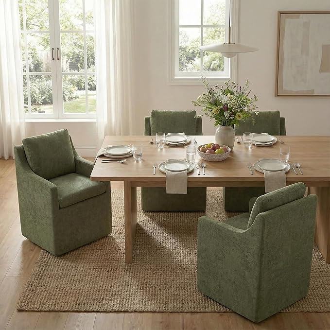 KISLOT Upholstered Dining Chairs Set of 2, Modern Dining Room Chairs with Casters & Washable Cover, Rolling Accent Chair with Hidden Storage for Kitchen, Farmhouse, Living Room, Green, 2 Box