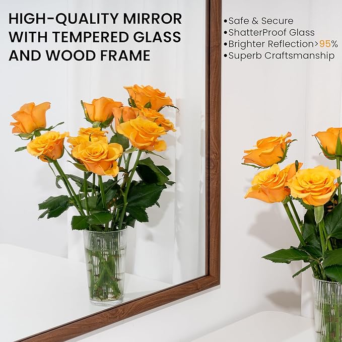 28"x32" Arch Wall Mirror for Wall, Wall Mounted Vanity Mirror for Bedroom, Wood Grain Finish Frame Mirror with Tempered Glass, Vintage Decorative for Bathroom, Entryway, Living Room, Walnut